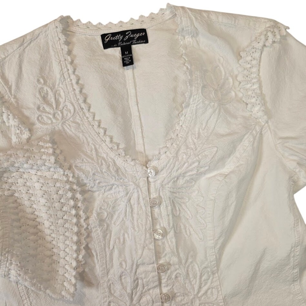 Gretty Zueger Womens M Blouse White Cotton Crochet Lace Embroidered Button Front
